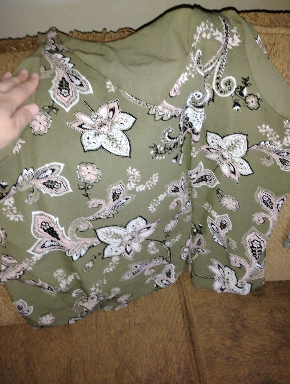 Olive Green Floral V-Neck Blouse with Pink Accents